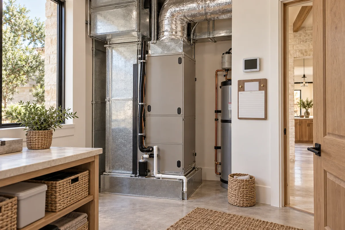 Conceptual residential air handler and ductwork in a utility room