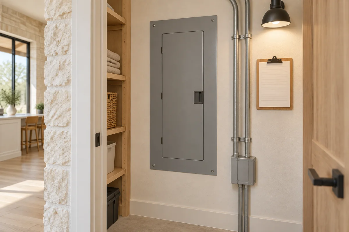 Conceptual residential electrical panel and visible conduit in a utility space