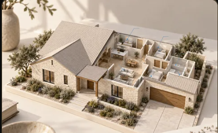 Conceptual Texas limestone home cutaway showing its rooms